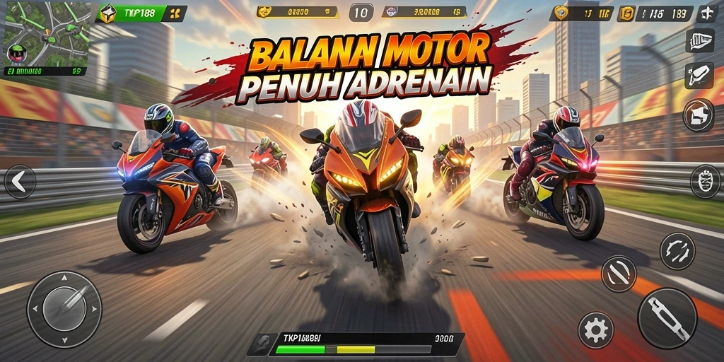 Tangkapan layar utama TKP188 menampilkan aksi balapan motor yang mendebarkan.