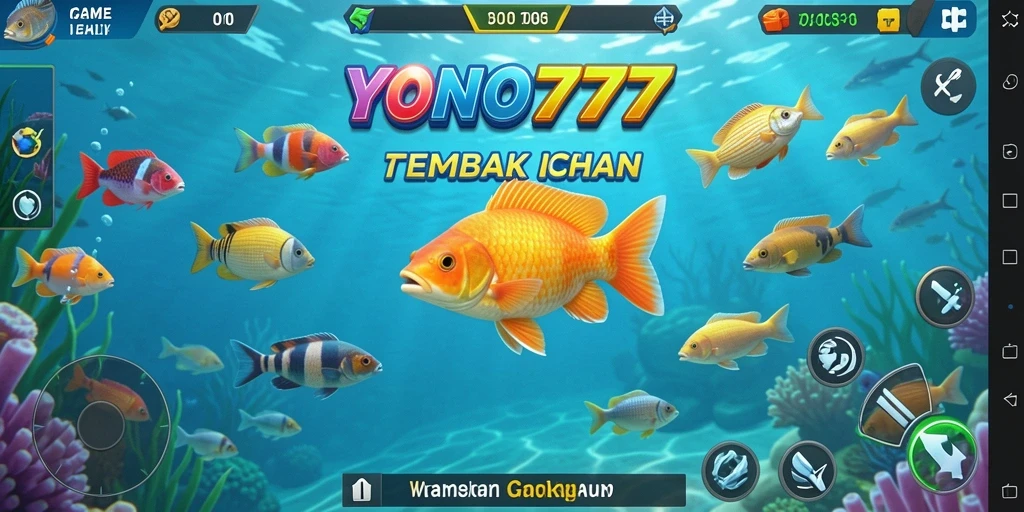 Tampilan gameplay YONO777 yang menggembirakan dengan tembakan ikan berwarna-warni.