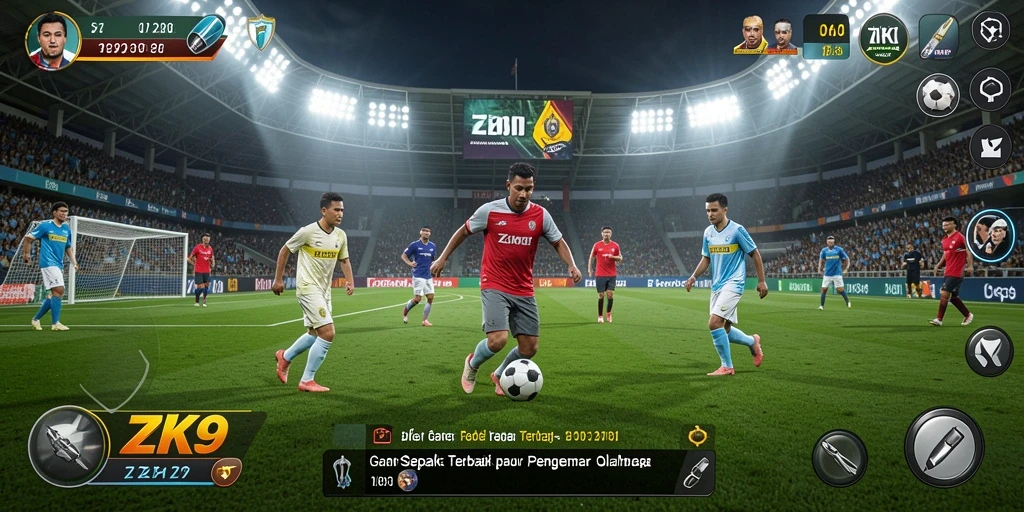 Tangkapan layar gameplay ZK9 menunjukkan aksi seru pertandingan sepak bola.